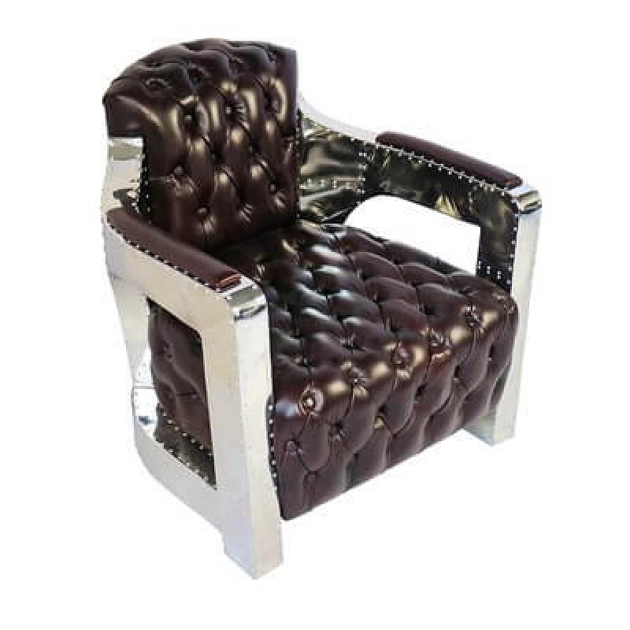 Pair of leather, wood and steel Aviator armchairs, 1980s 3