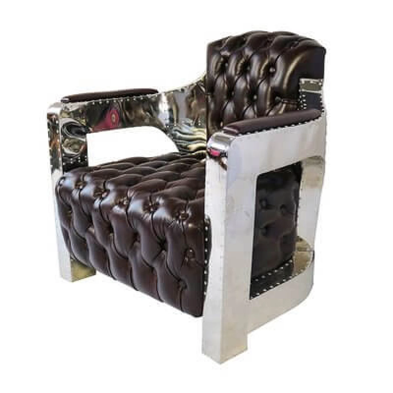 Pair of leather, wood and steel Aviator armchairs, 1980s 4