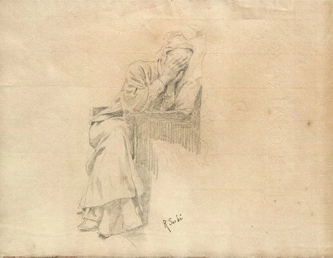 Raffaello Sorbi, Il riposo di Dante, disegno a matita su carta, '800 1