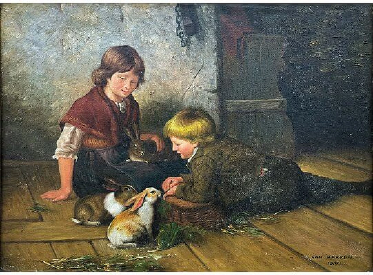Van Barren, Children and rabbits, oil painting on canvas cardboard, 1871 1
