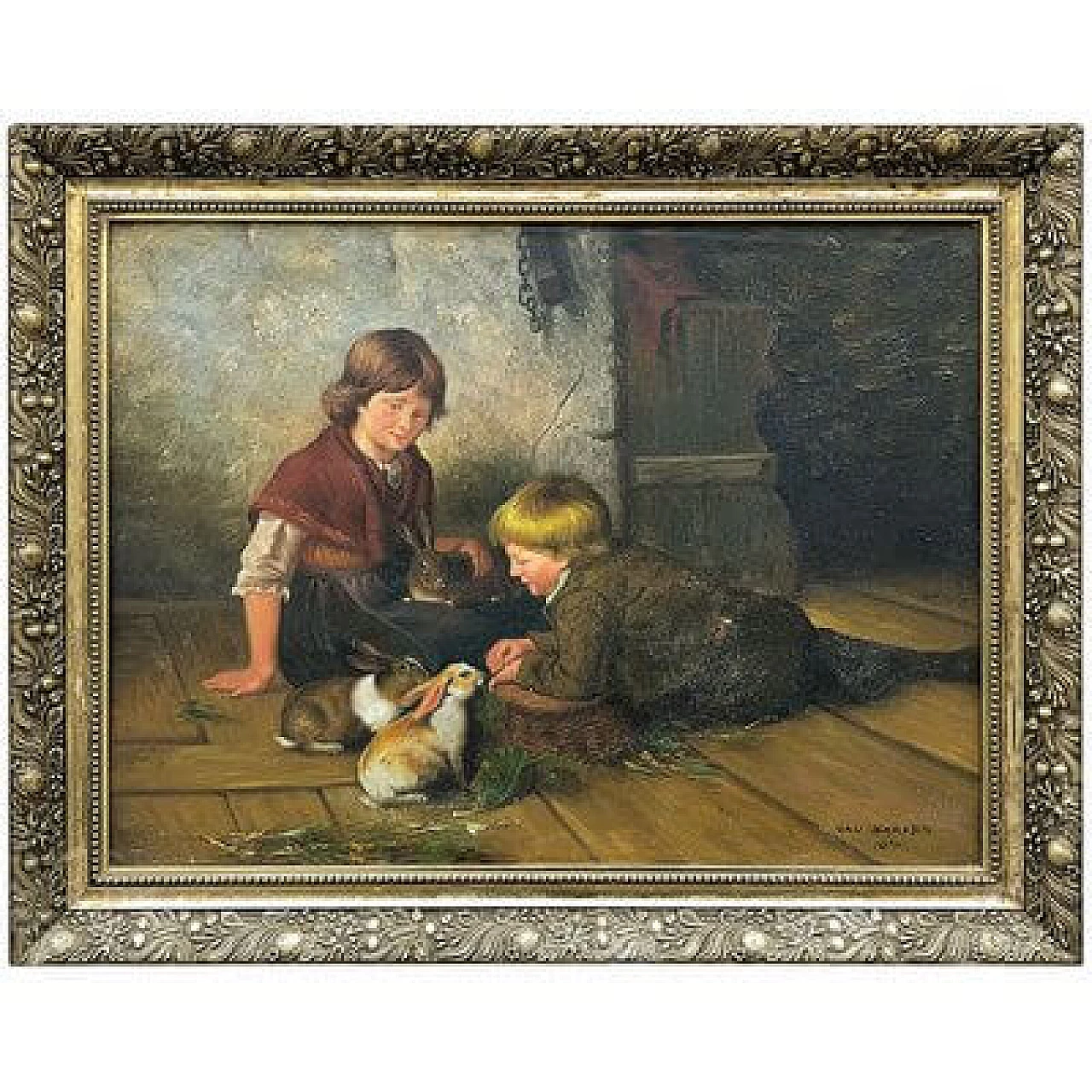 Van Barren, Children and rabbits, oil painting on canvas cardboard, 1871 2
