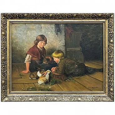 Van Barren, Children and rabbits, oil painting on canvas cardboard, 1871