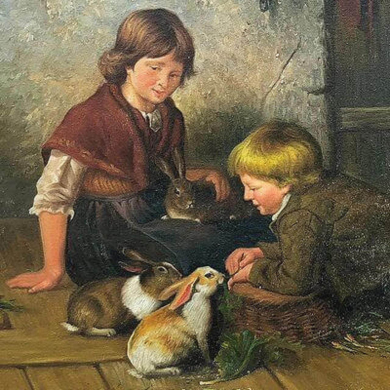 Van Barren, Children and rabbits, oil painting on canvas cardboard, 1871 4