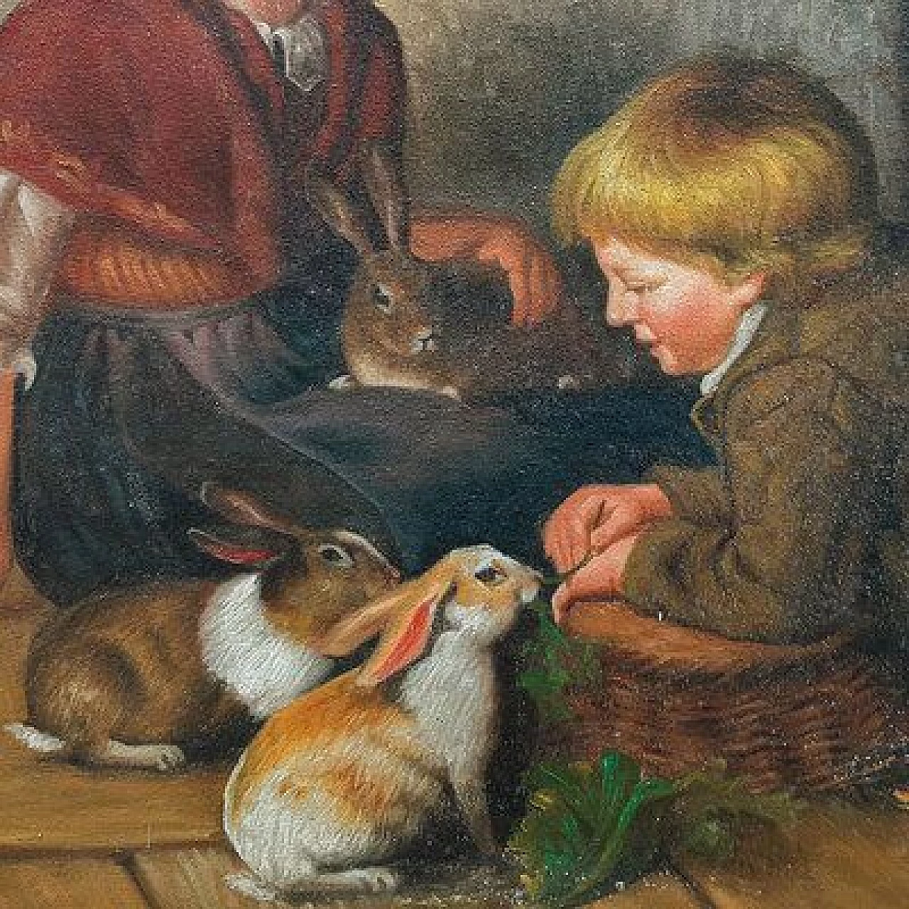 Van Barren, Children and rabbits, oil painting on canvas cardboard, 1871 5