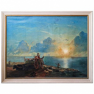 Sunset with animals and characters, oil painting on canvas, 19th century