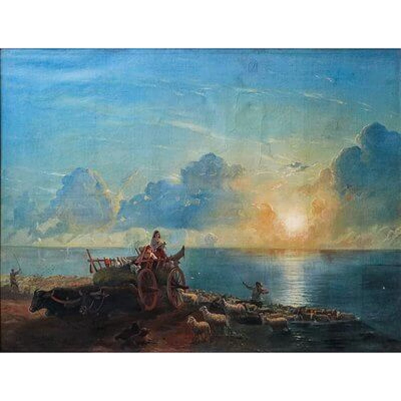 Sunset with animals and characters, oil painting on canvas, 19th century 2