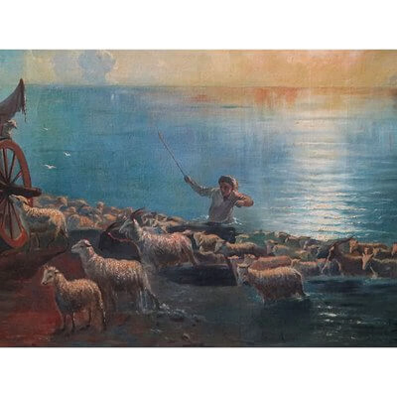 Sunset with animals and characters, oil painting on canvas, 19th century 10