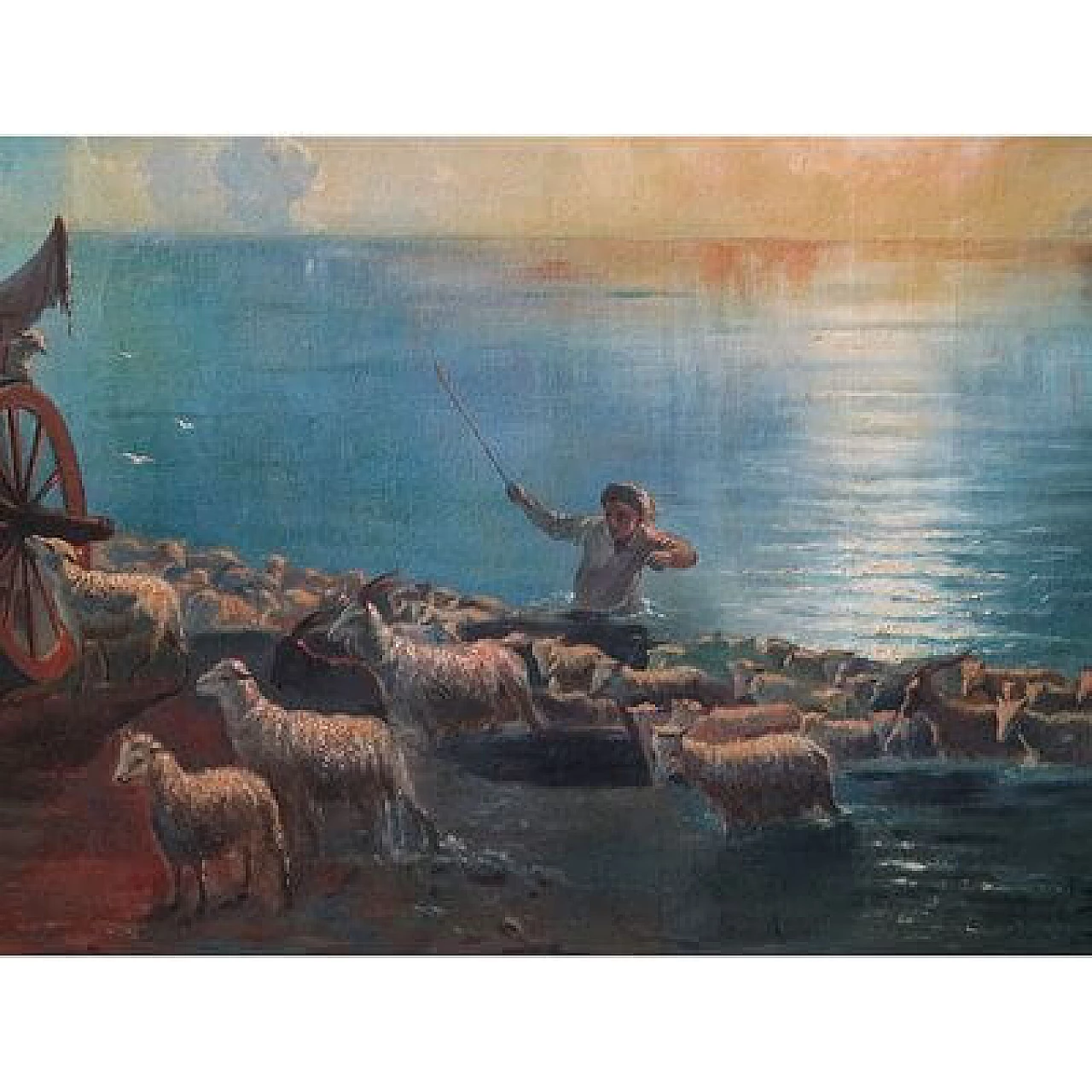 Tramonto con animali e personaggi, dipinto a olio su tela, '800 10