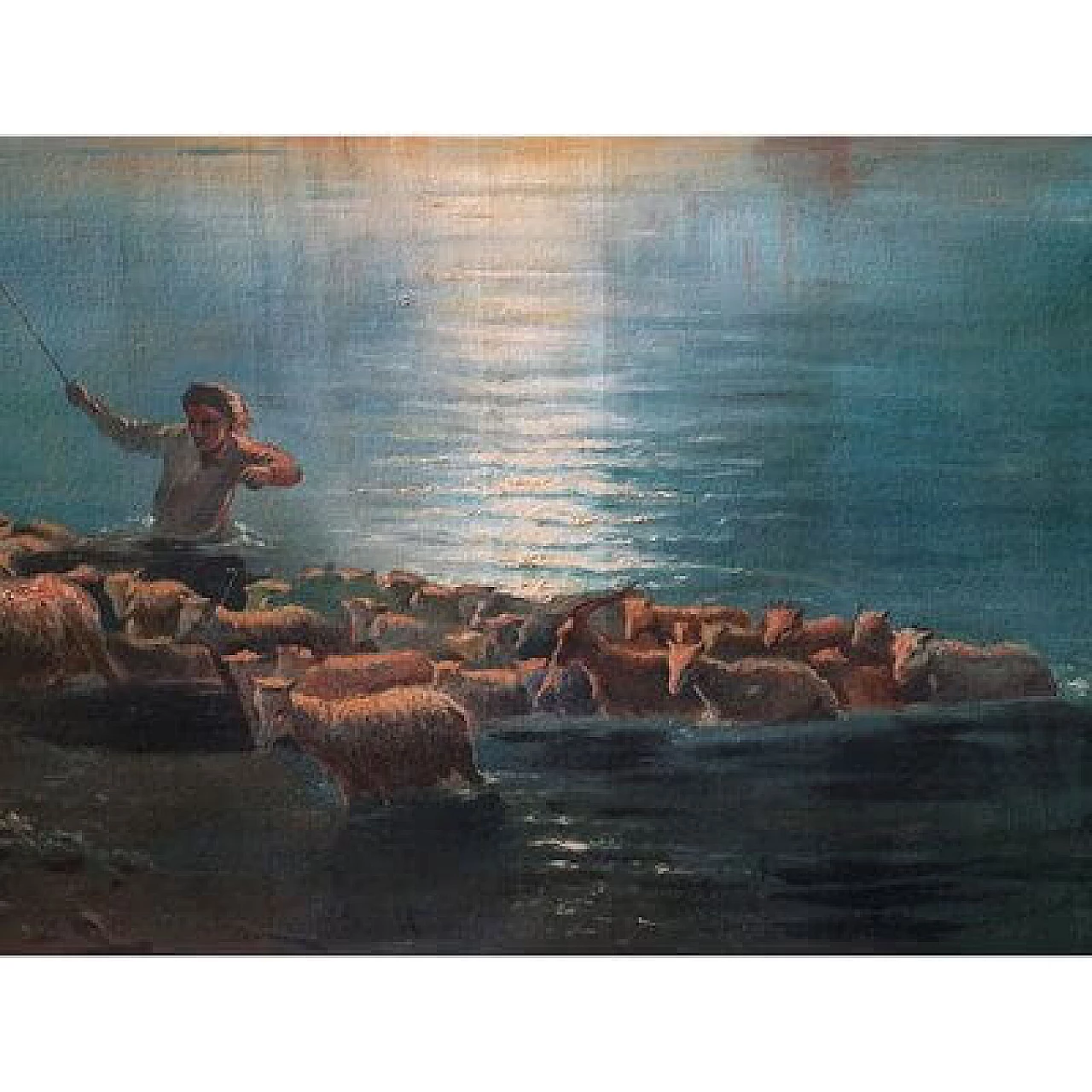 Tramonto con animali e personaggi, dipinto a olio su tela, '800 11