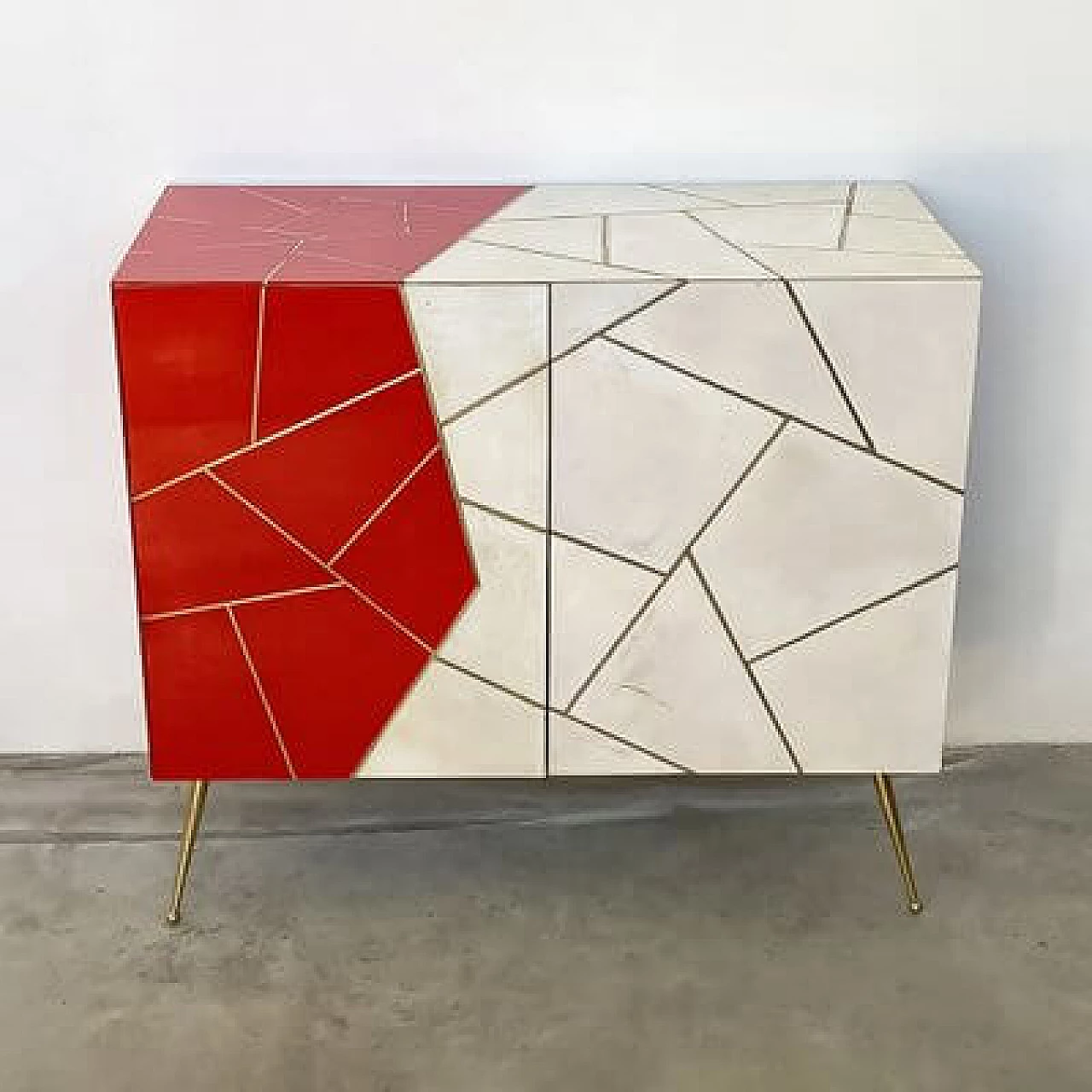 Two-door wooden cabinet with red Murano glass mosaic and natural parchment, 1980s 2