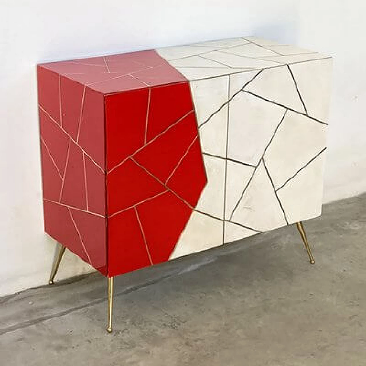 Two-door wooden cabinet with red Murano glass mosaic and natural parchment, 1980s 3