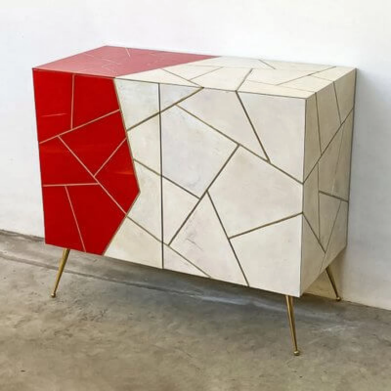 Two-door wooden cabinet with red Murano glass mosaic and natural parchment, 1980s 4