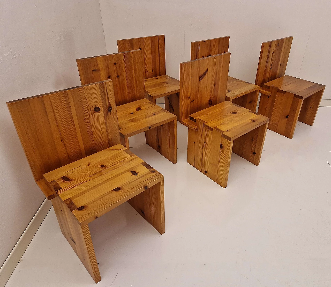 6 Stone pine chairs, 1980s 10