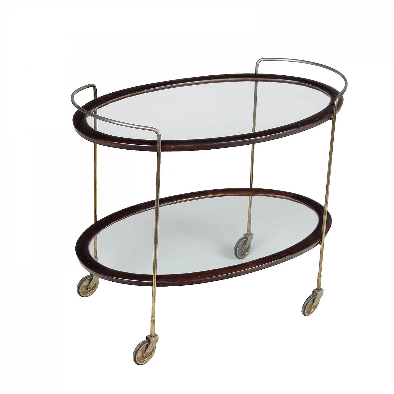 Oval ebony-stained wood and glass bar cart, 1950s 1