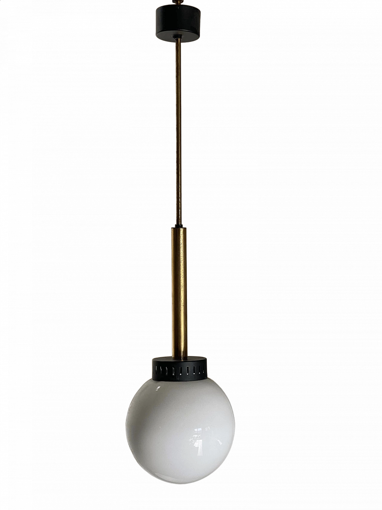 Opaline glass chandelier with brass frame and black lacquered metal by Stilnovo, 1950s 13