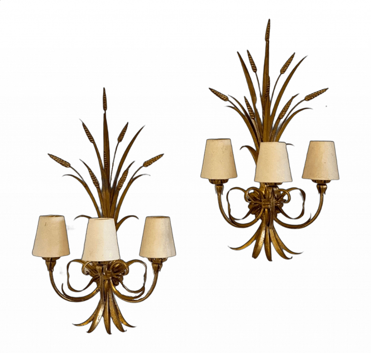Pair of gilded iron bunch of wheat ears wall lights, 1960s 17