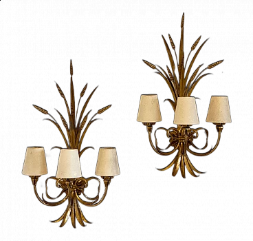 Pair of gilded iron bunch of wheat ears wall lights, 1960s
