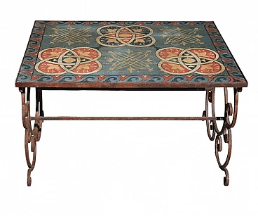 Coffee table in wrought iron and hand-painted wood, 2000s