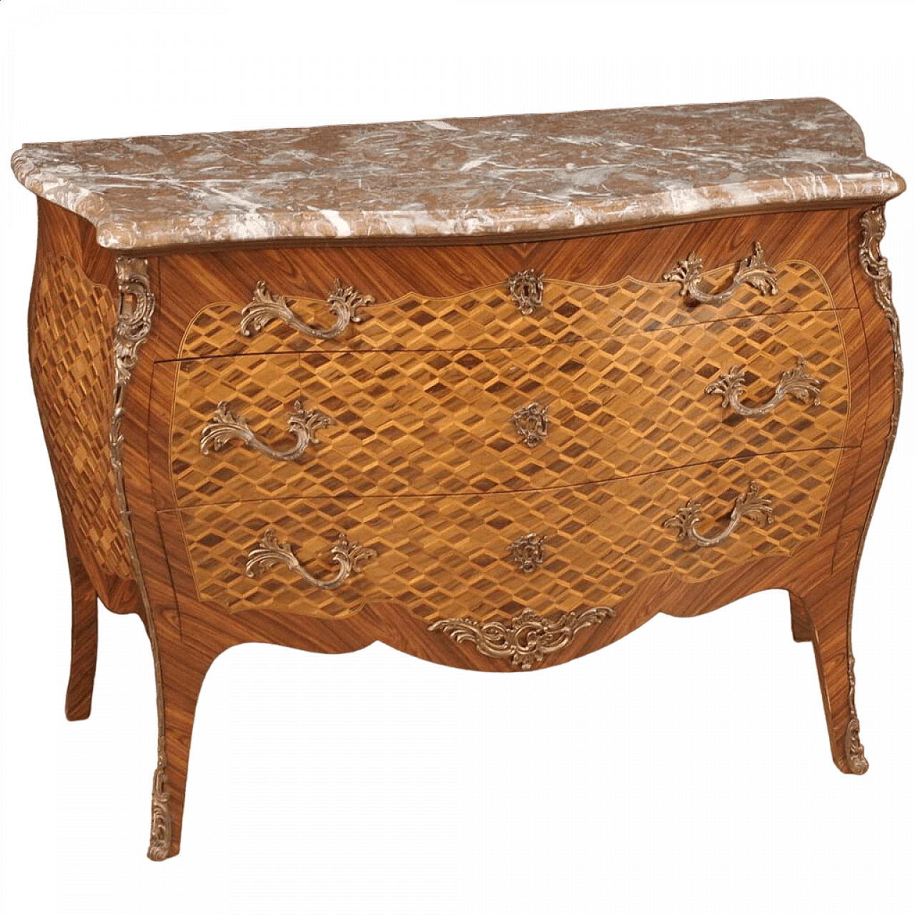 French Louis XV style inlaid wood commode with marble top 13