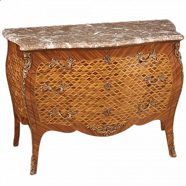 French Louis XV style inlaid wood commode with marble top