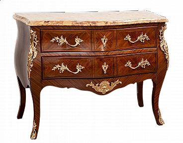 Napoleon III chest of drawers in exotic wood with marble top and bronze handles, 19th century