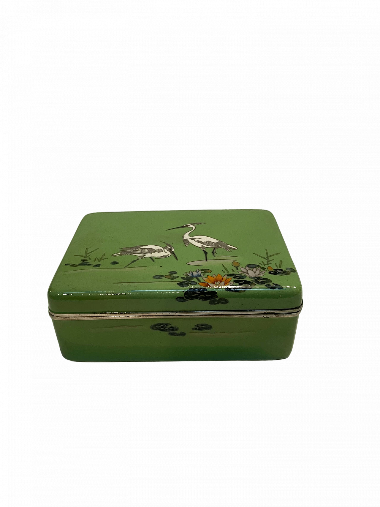 Japanese cloisonné enameled metal box with herons, 19th century 8