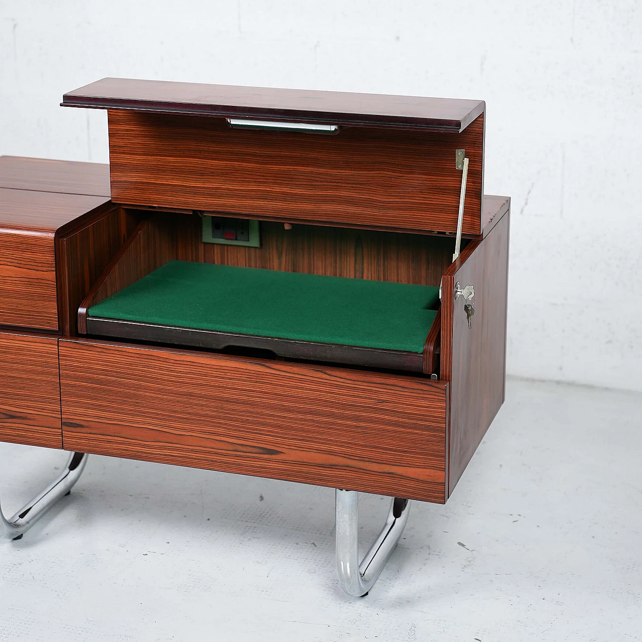 Wood and steel bar cabinet with turntable, 1970s 10