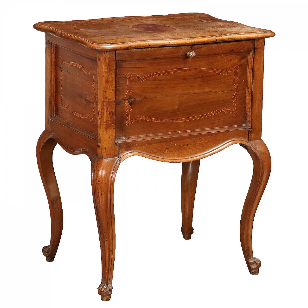 Barocchetto inlaid walnut bedside table with flap door, mid-18th century 1
