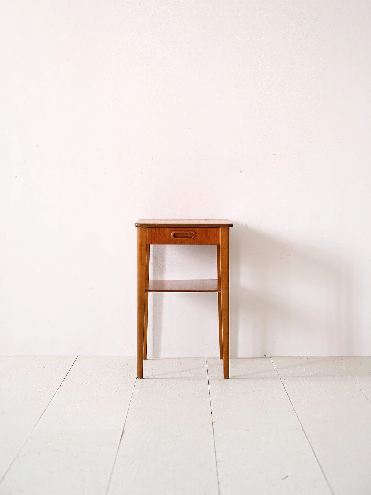 Scandinavian teak bedside table with drawer and double shelf, 1960s 1