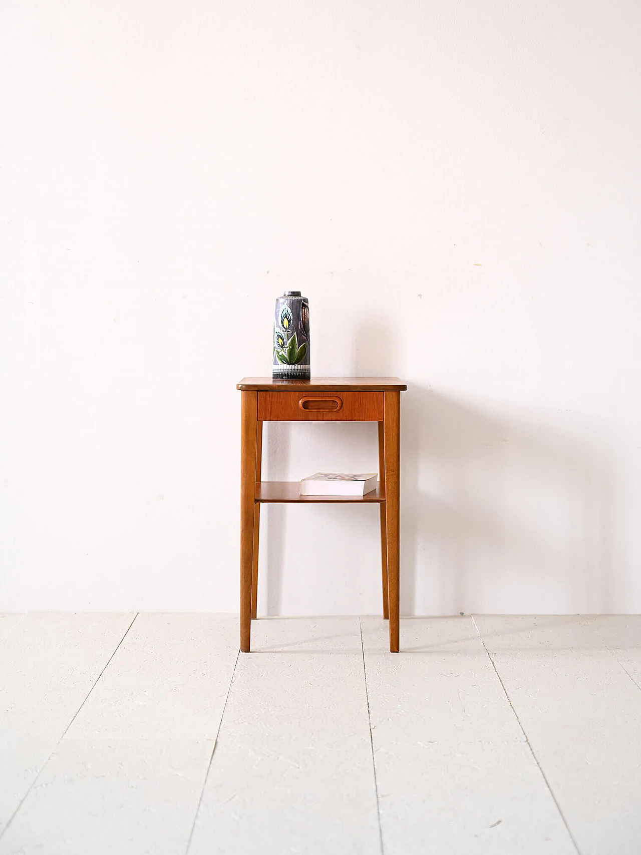 Scandinavian teak bedside table with drawer and double shelf, 1960s 2