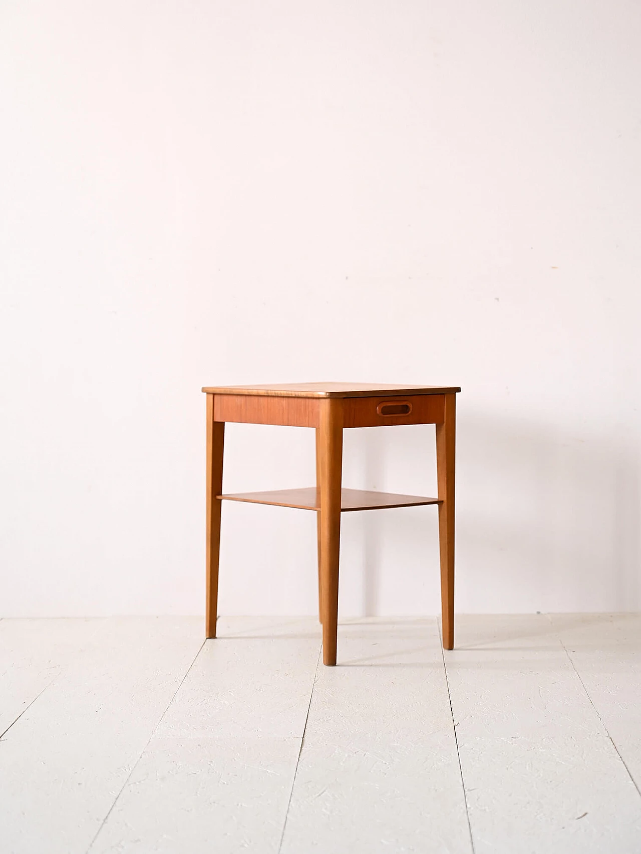Scandinavian teak bedside table with drawer and double shelf, 1960s 4