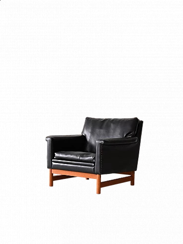 Scandinavian wood and black leatherette armchair, 1960s