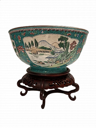 Chinese cachepot with inlaid wooden stand, circa 1800s