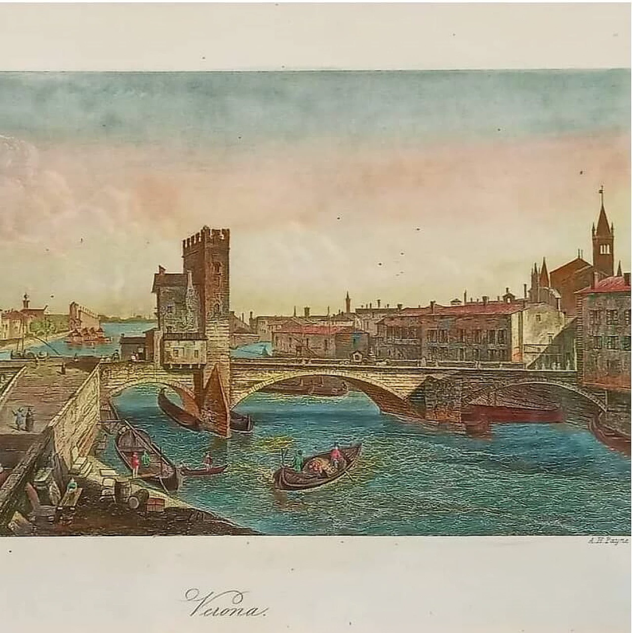 Albert Henry Payne, Verona, etching with watercolour, 1840 1