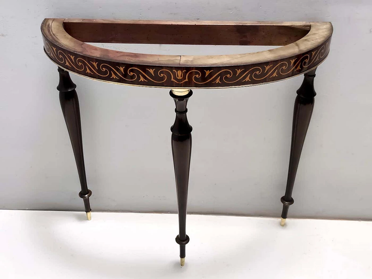 Inlaid beech and Rosa Portogallo marble half-moon console, 1950s 1