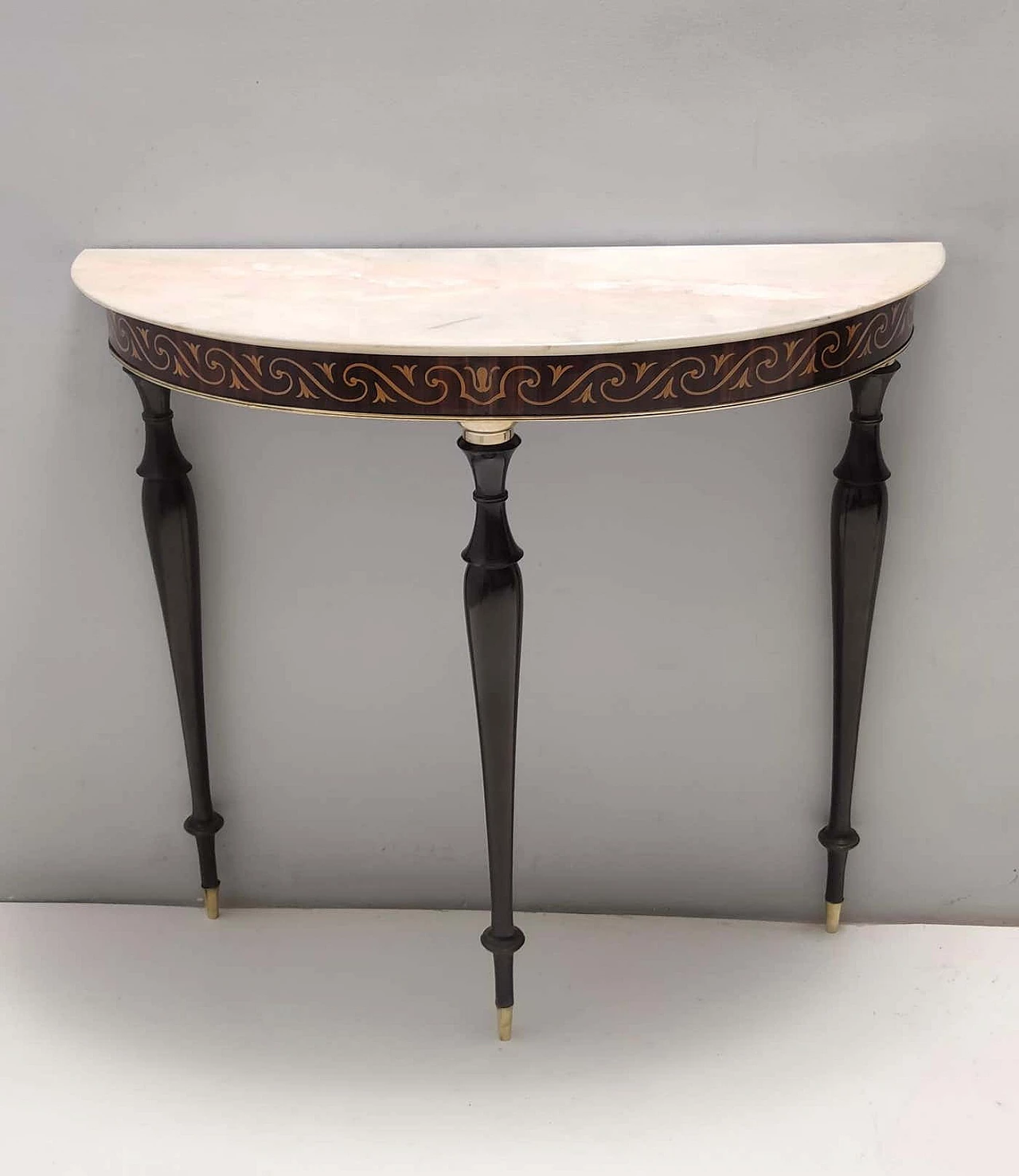 Inlaid beech and Rosa Portogallo marble half-moon console, 1950s 2