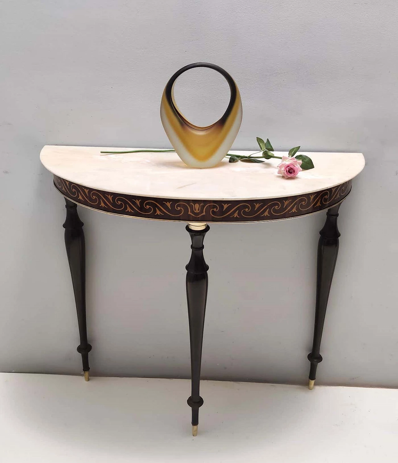 Inlaid beech and Rosa Portogallo marble half-moon console, 1950s 3