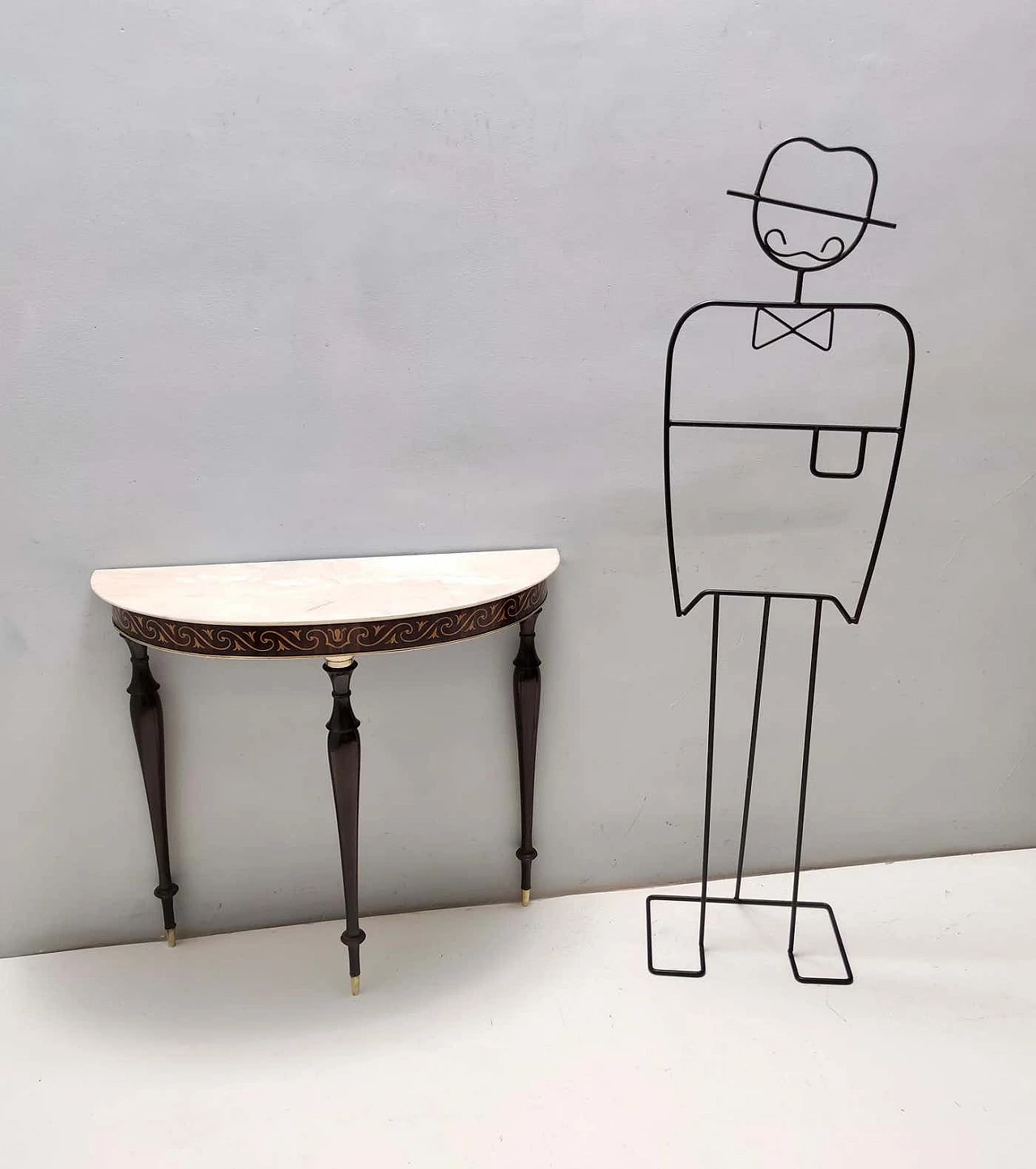 Inlaid beech and Rosa Portogallo marble half-moon console, 1950s 4