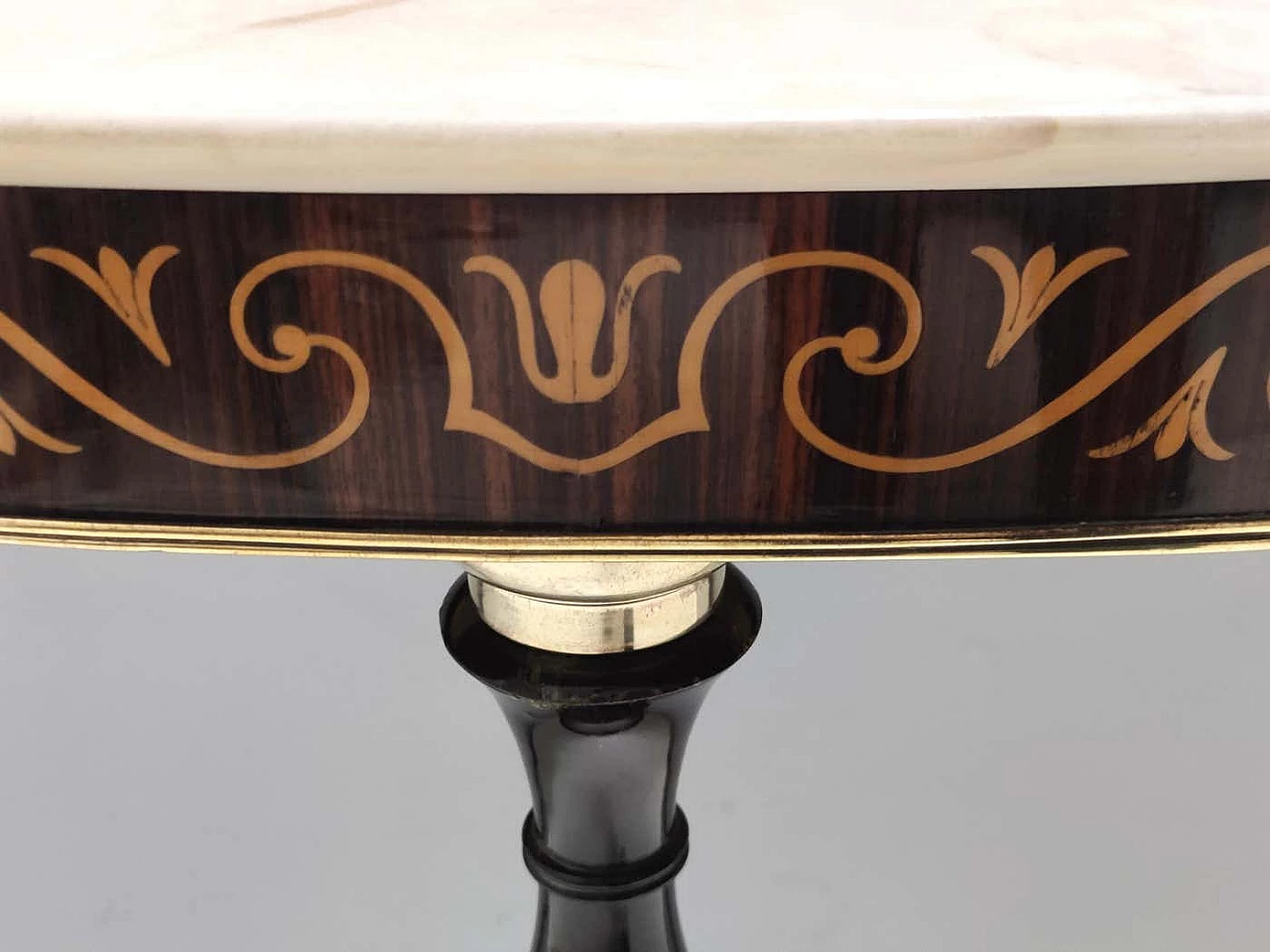 Inlaid beech and Rosa Portogallo marble half-moon console, 1950s 5