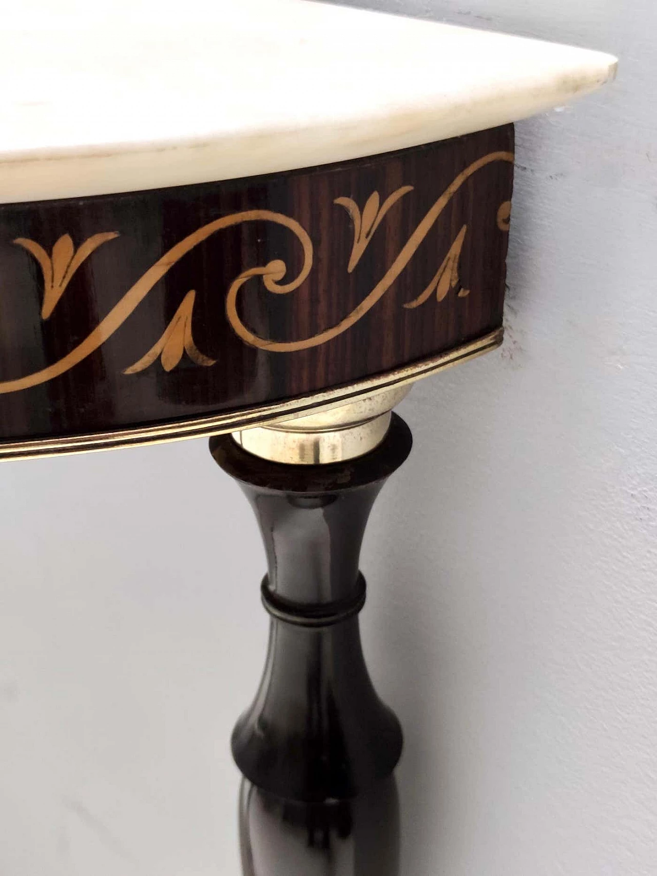 Inlaid beech and Rosa Portogallo marble half-moon console, 1950s 8