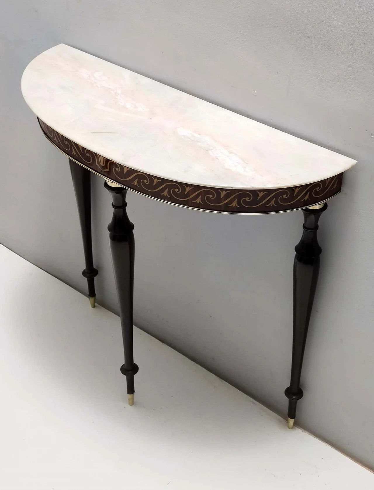 Inlaid beech and Rosa Portogallo marble half-moon console, 1950s 10