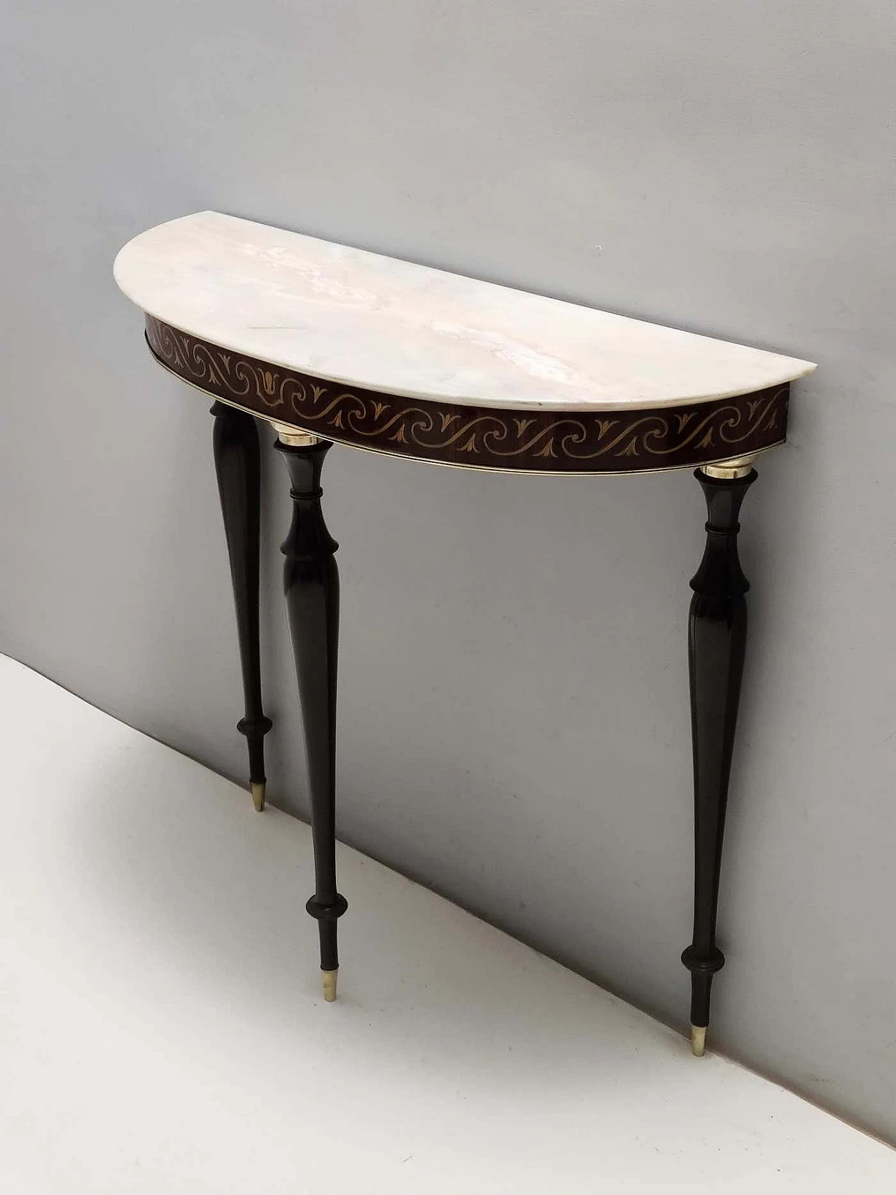 Inlaid beech and Rosa Portogallo marble half-moon console, 1950s 11