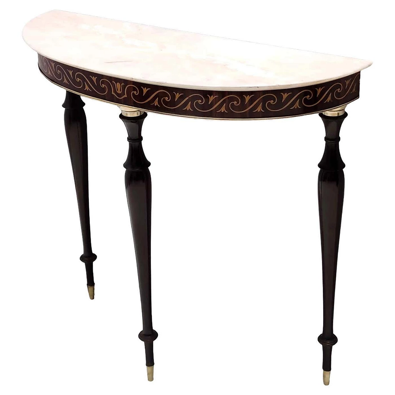 Inlaid beech and Rosa Portogallo marble half-moon console, 1950s 12