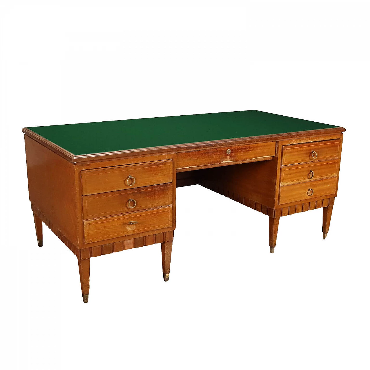 Walnut desk with green back-treated glass top, 1950s 1