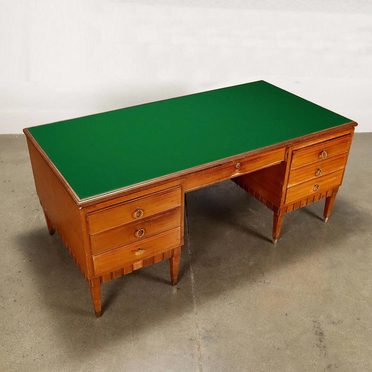 Walnut desk with green back-treated glass top, 1950s 3