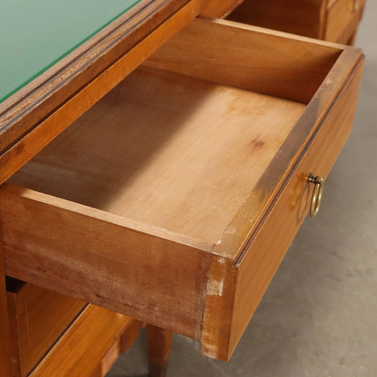 Walnut desk with green back-treated glass top, 1950s 4