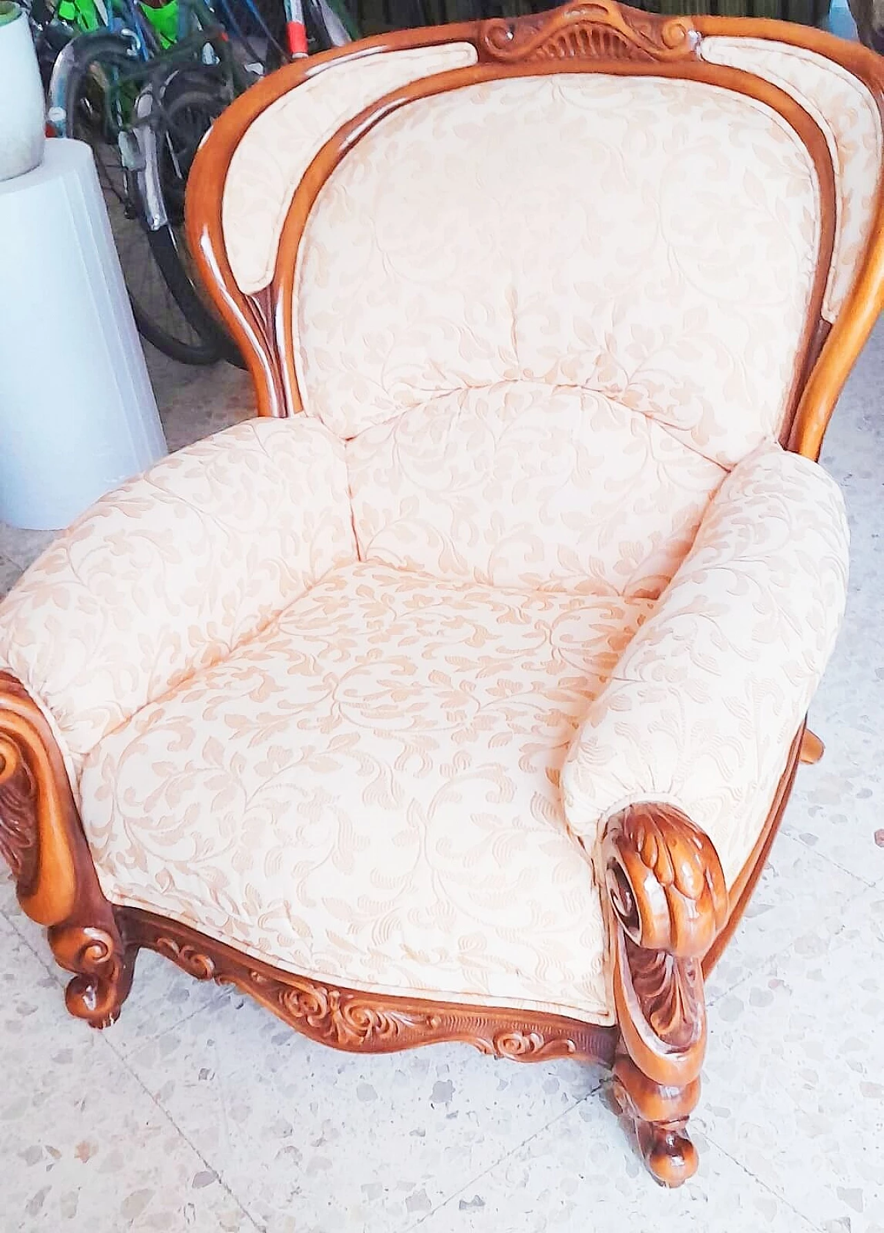 Wood and powder-pink damask fabric armchair, 1950s 1