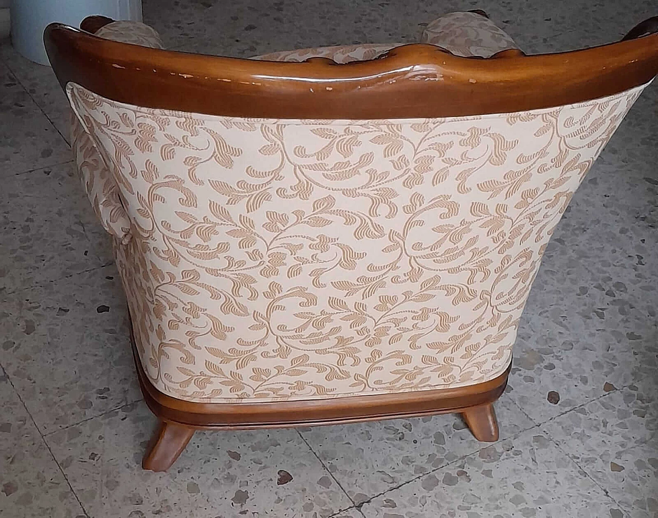 Wood and powder-pink damask fabric armchair, 1950s 2