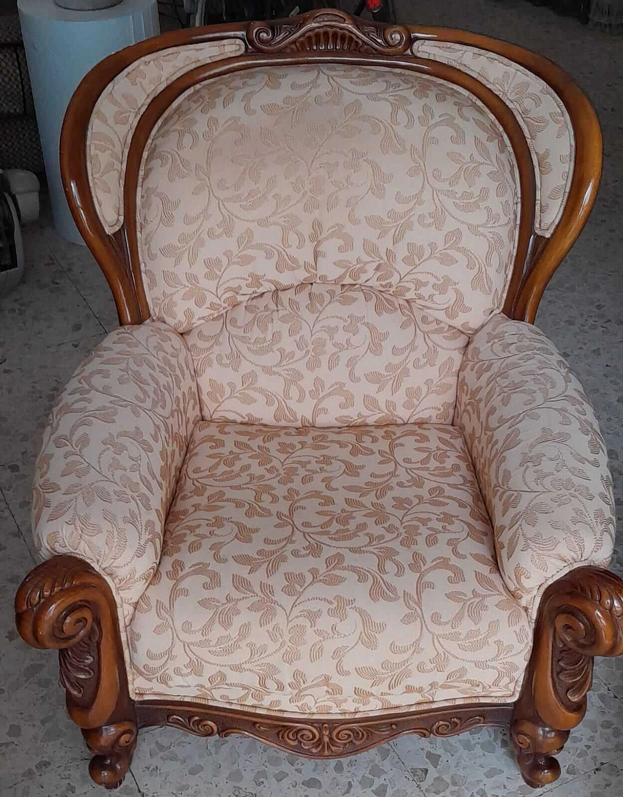 Wood and powder-pink damask fabric armchair, 1950s 6