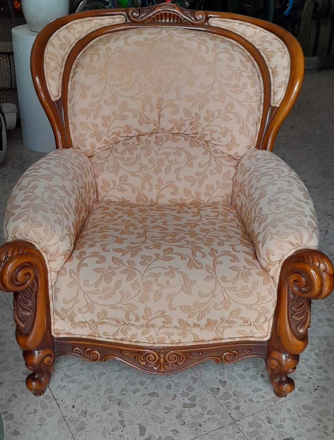 Wood and powder-pink damask fabric armchair, 1950s 7